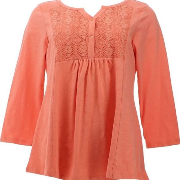 NWT LOGO BY LORI GOLDSTEIN COTTON SLUB HENLEY TOP WITH LACE COLOR PAPAYA XXS - Picture 1 of 12